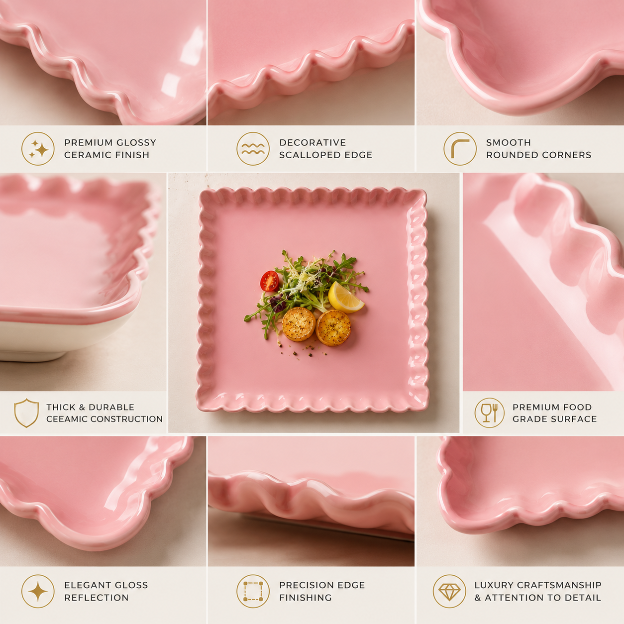Coral Tree Scalloped Ceramic Square Plate | Decorative Serving Plate | 3 Size Options Pink