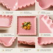Coral Tree Scalloped Ceramic Square Plate | Decorative Serving Plate | 3 Size Options Pink