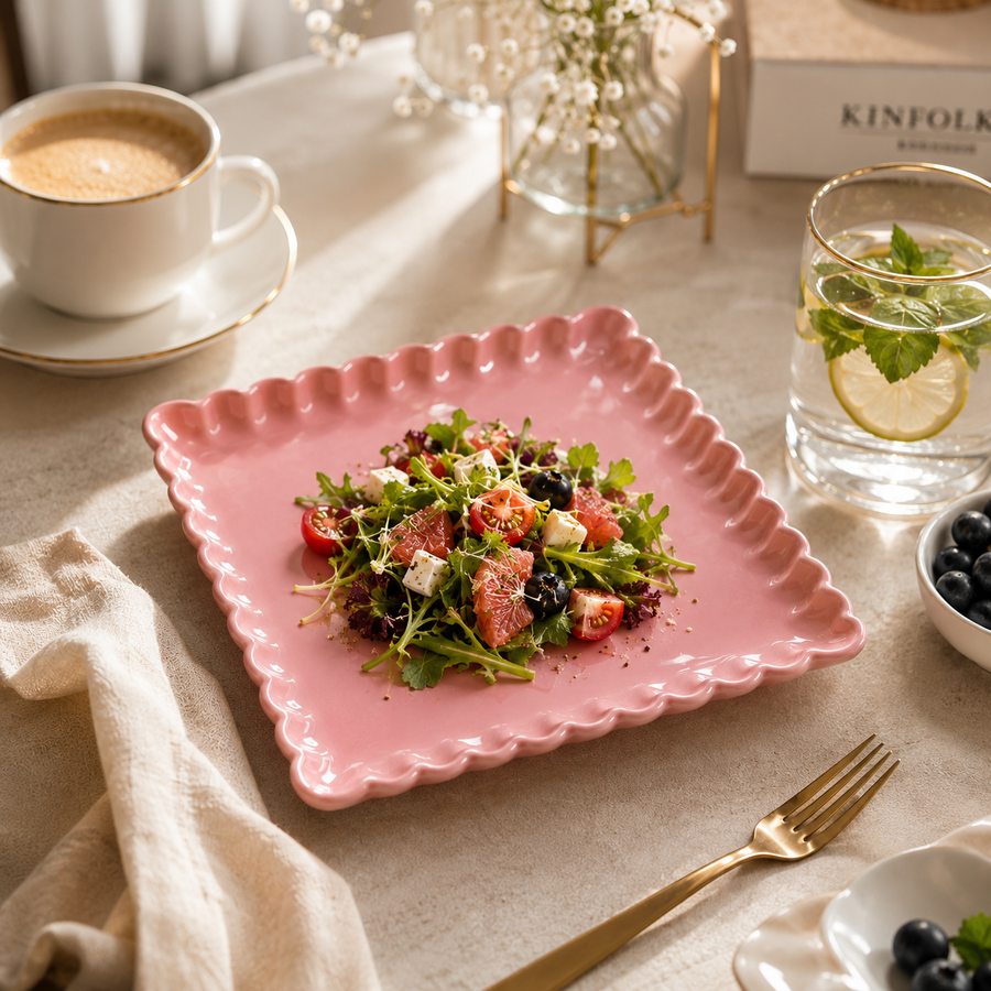 Coral Tree Scalloped Ceramic Square Plate | Decorative Serving Plate | 3 Size Options Pink