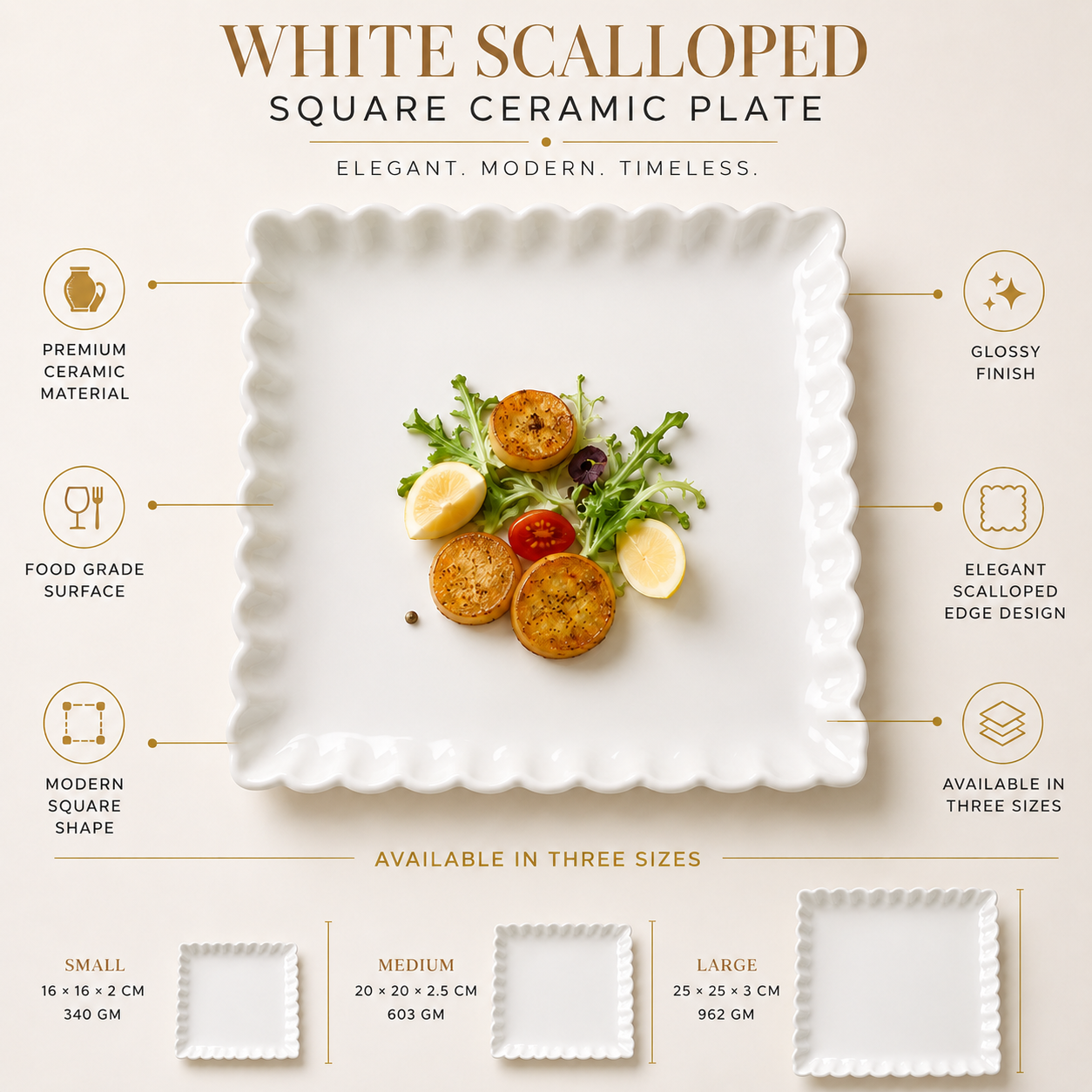Coral Tree Scalloped Ceramic Square Plate | Decorative Serving Plate | 3 Size Options White