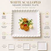 Coral Tree Scalloped Ceramic Square Plate | Decorative Serving Plate | 3 Size Options White