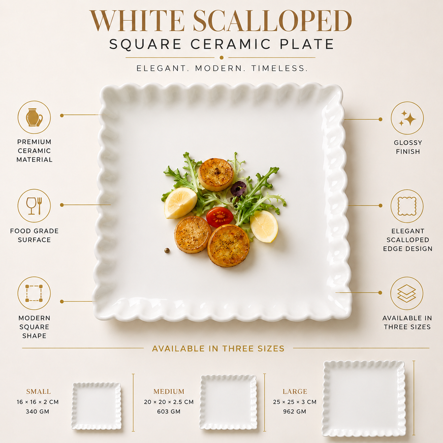 Coral Tree Scalloped Ceramic Square Plate | Decorative Serving Plate | 3 Size Options White