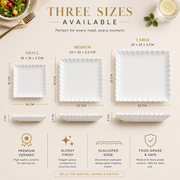 Coral Tree Scalloped Ceramic Square Plate | Decorative Serving Plate | 3 Size Options White