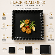 Coral Tree Scalloped Ceramic Square Plate | Decorative Serving Plate | 3 Size Options Black