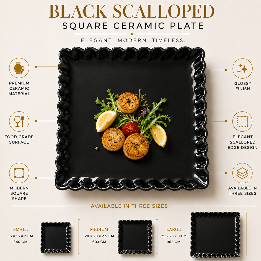 Coral Tree Scalloped Ceramic Square Plate | Decorative Serving Plate | 3 Size Options Black