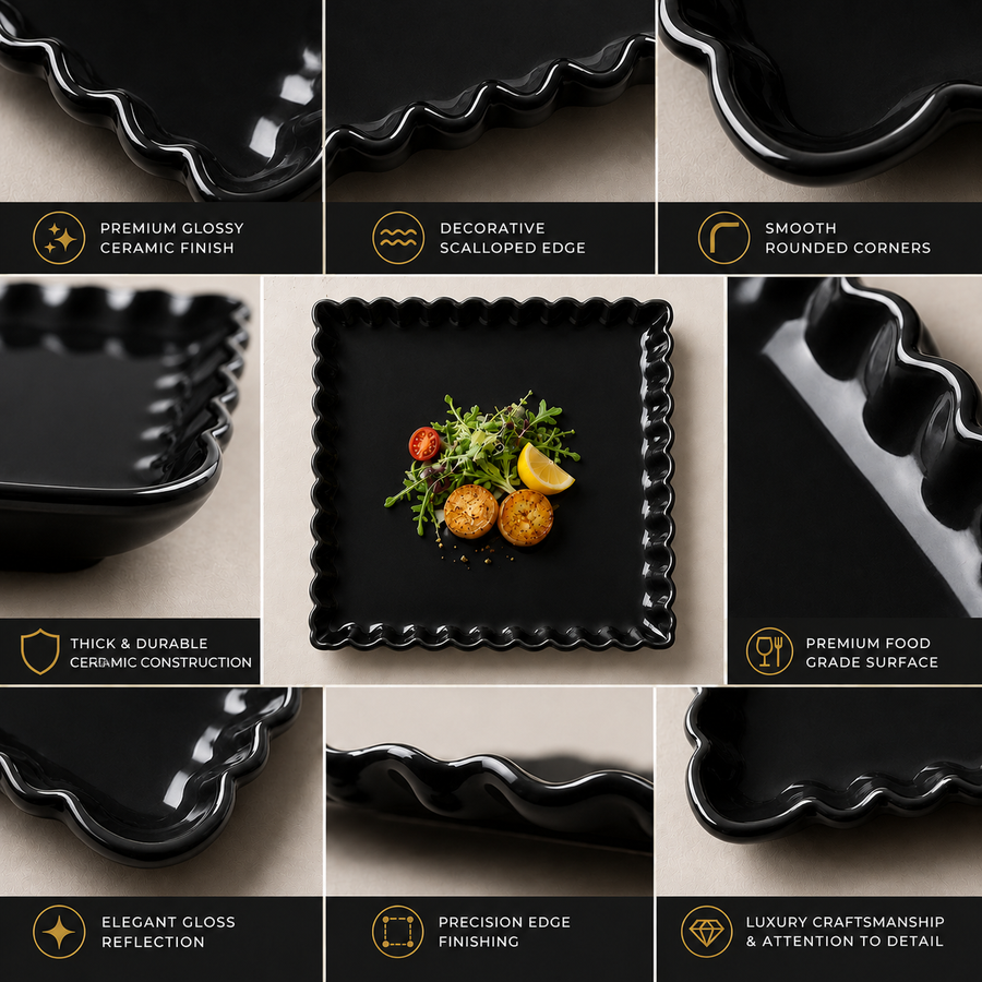 Coral Tree Scalloped Ceramic Square Plate | Decorative Serving Plate | 3 Size Options Black