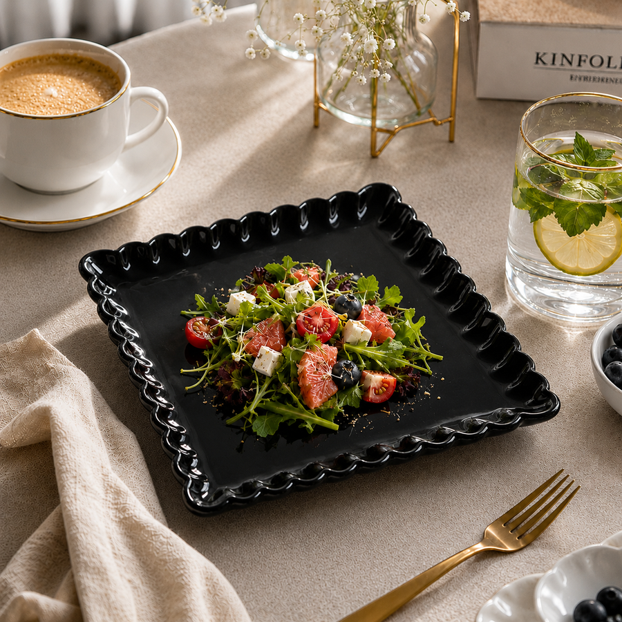 Coral Tree Scalloped Ceramic Square Plate | Decorative Serving Plate | 3 Size Options Black