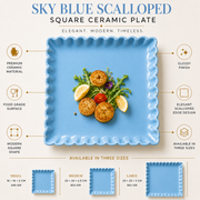 Coral Tree Scalloped Ceramic Square Plate | Decorative Serving Plate | 3 Size Options Blue
