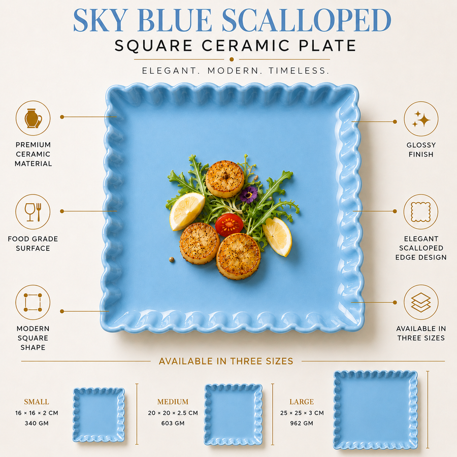 Coral Tree Scalloped Ceramic Square Plate | Decorative Serving Plate | 3 Size Options Blue
