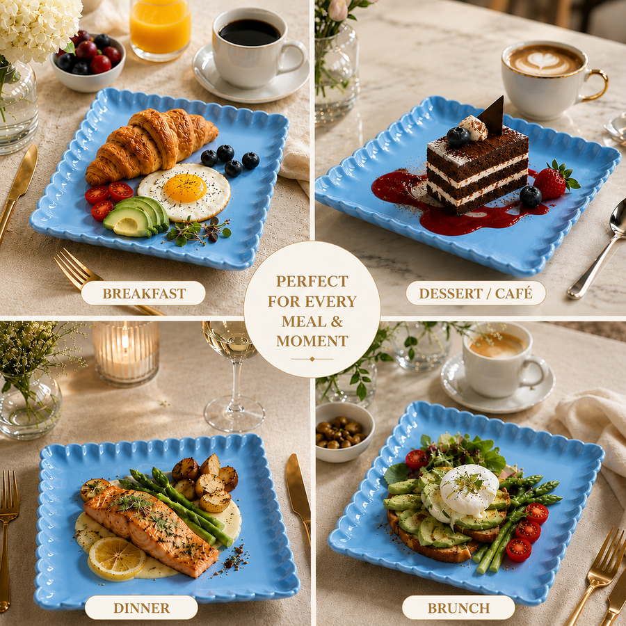 Coral Tree Scalloped Ceramic Square Plate | Decorative Serving Plate | 3 Size Options Blue
