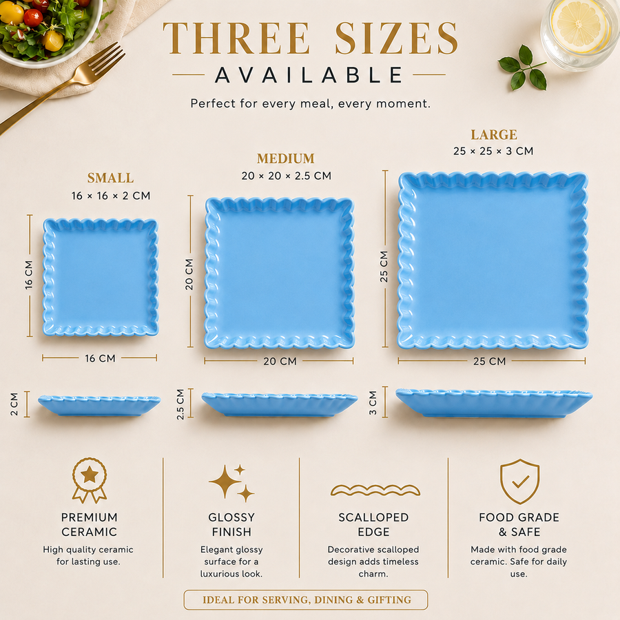 Coral Tree Scalloped Ceramic Square Plate | Decorative Serving Plate | 3 Size Options Blue