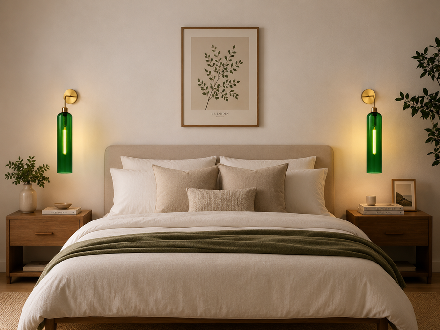 Modern Brass Wall Light with Emerald Green Glass | T30 Tube Bulb | H56 × W10 × D21 cm