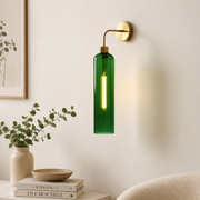 Modern Brass Wall Light with Emerald Green Glass | T30 Tube Bulb | H56 × W10 × D21 cm