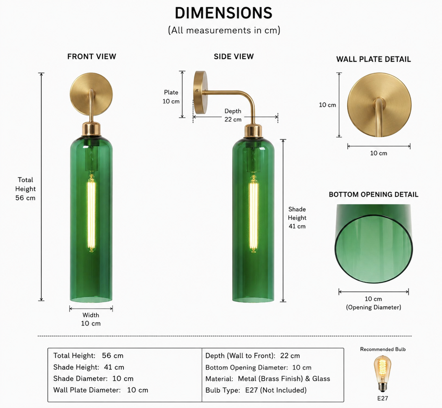 Modern Brass Wall Light with Emerald Green Glass | T30 Tube Bulb | H56 × W10 × D21 cm
