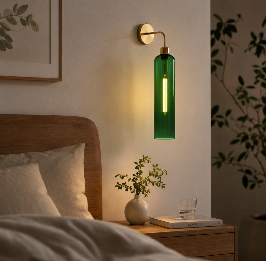Modern Brass Wall Light with Emerald Green Glass | T30 Tube Bulb | H56 × W10 × D21 cm
