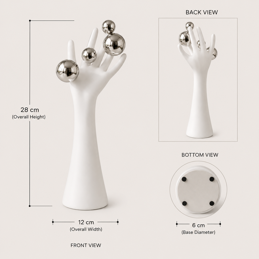 Modern Hand Sculpture Table Décor | Matte White Finish with Mirror Silver Spheres | Contemporary Decorative Accent for Living Room & Office