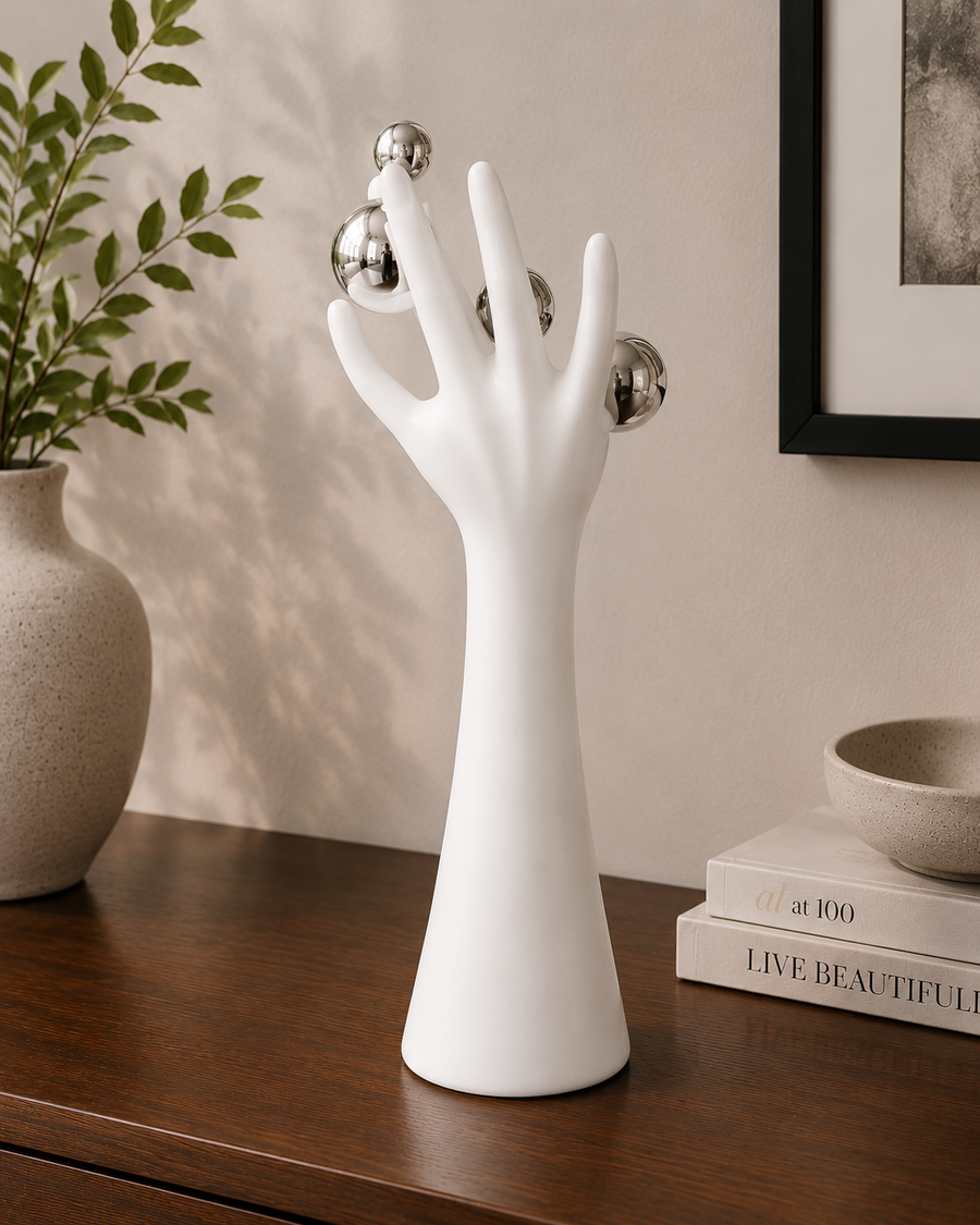 Modern Hand Sculpture Table Décor | Matte White Finish with Mirror Silver Spheres | Contemporary Decorative Accent for Living Room & Office