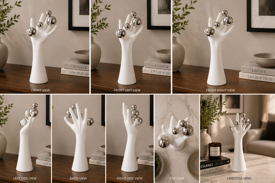 Modern Hand Sculpture Table Décor | Matte White Finish with Mirror Silver Spheres | Contemporary Decorative Accent for Living Room & Office