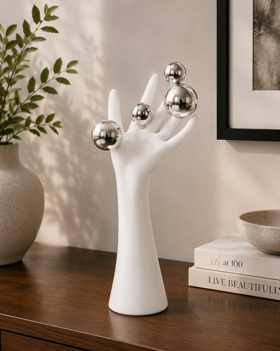 Modern Hand Sculpture Table Décor | Matte White Finish with Mirror Silver Spheres | Contemporary Decorative Accent for Living Room & Office