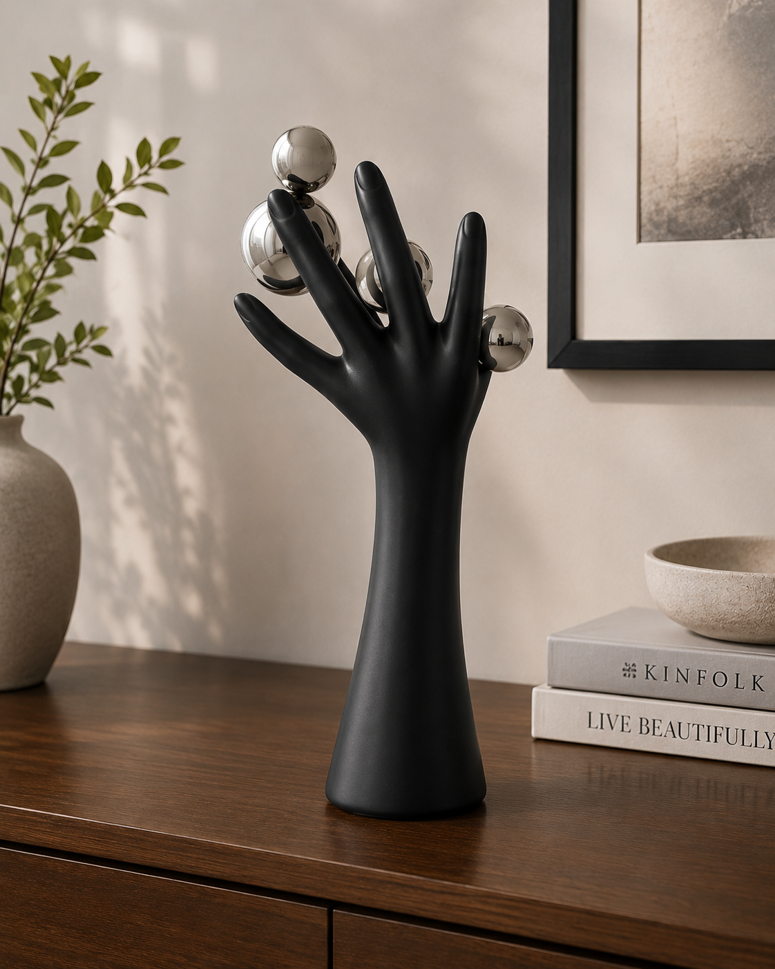 Modern Hand Sculpture Table Décor | Matte White Finish with Mirror Silver Spheres | Contemporary Decorative Accent for Living Room & Office