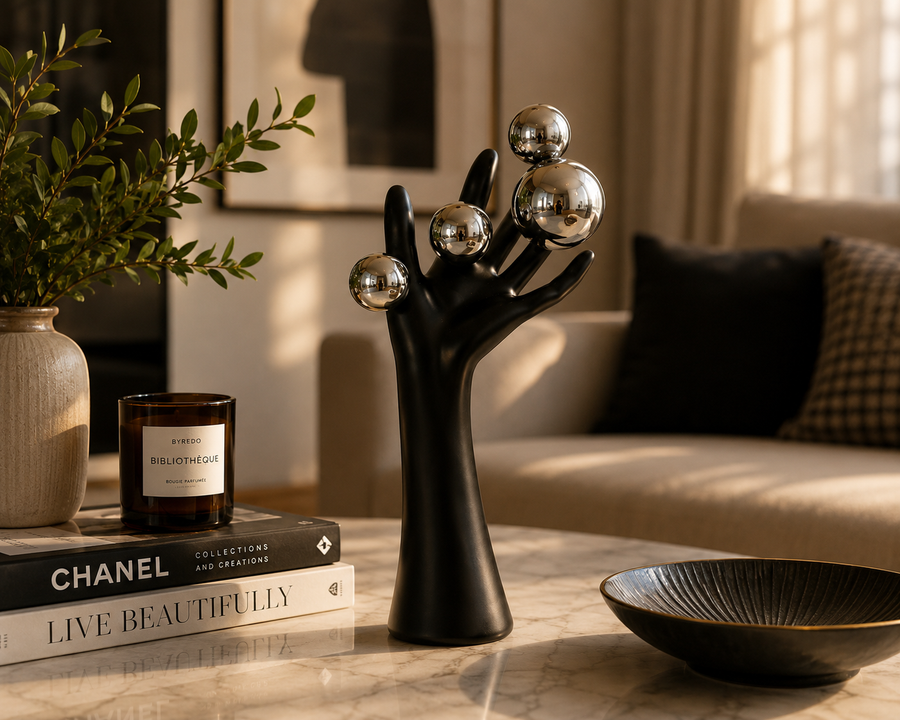 Modern Hand Sculpture Table Décor | Matte White Finish with Mirror Silver Spheres | Contemporary Decorative Accent for Living Room & Office