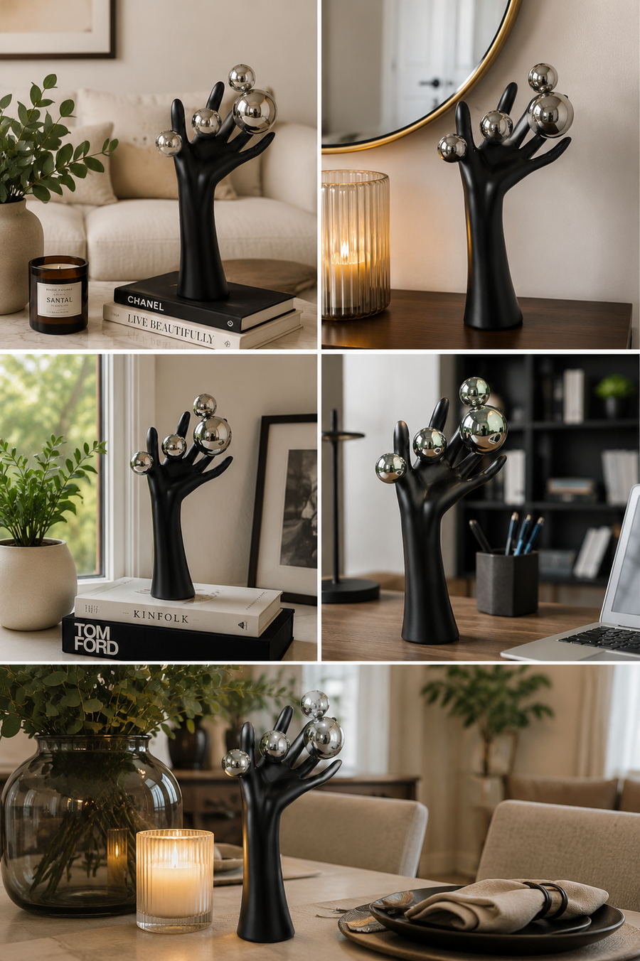Modern Hand Sculpture Table Décor | Matte White Finish with Mirror Silver Spheres | Contemporary Decorative Accent for Living Room & Office