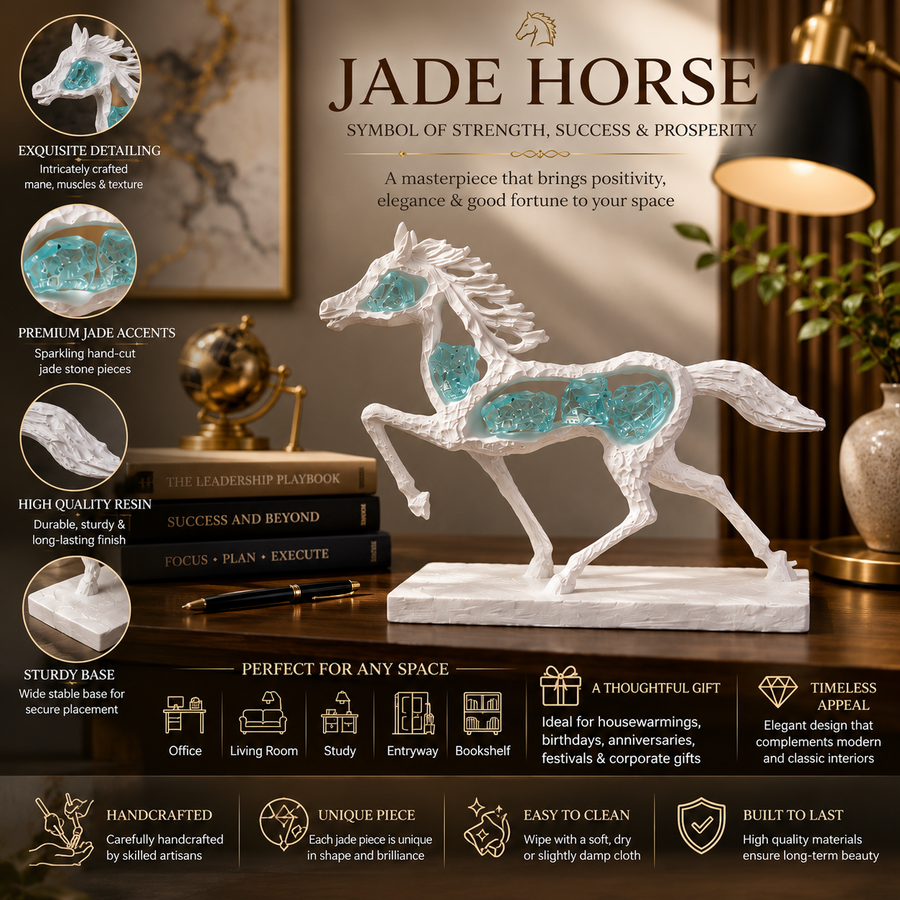 Coral Tree White Jade Horse Showpiece | Premium Resin Horse Sculpture with Jade Stone Accents | Symbol of Strength, Success & Prosperity | Tabletop Home & Office Decor