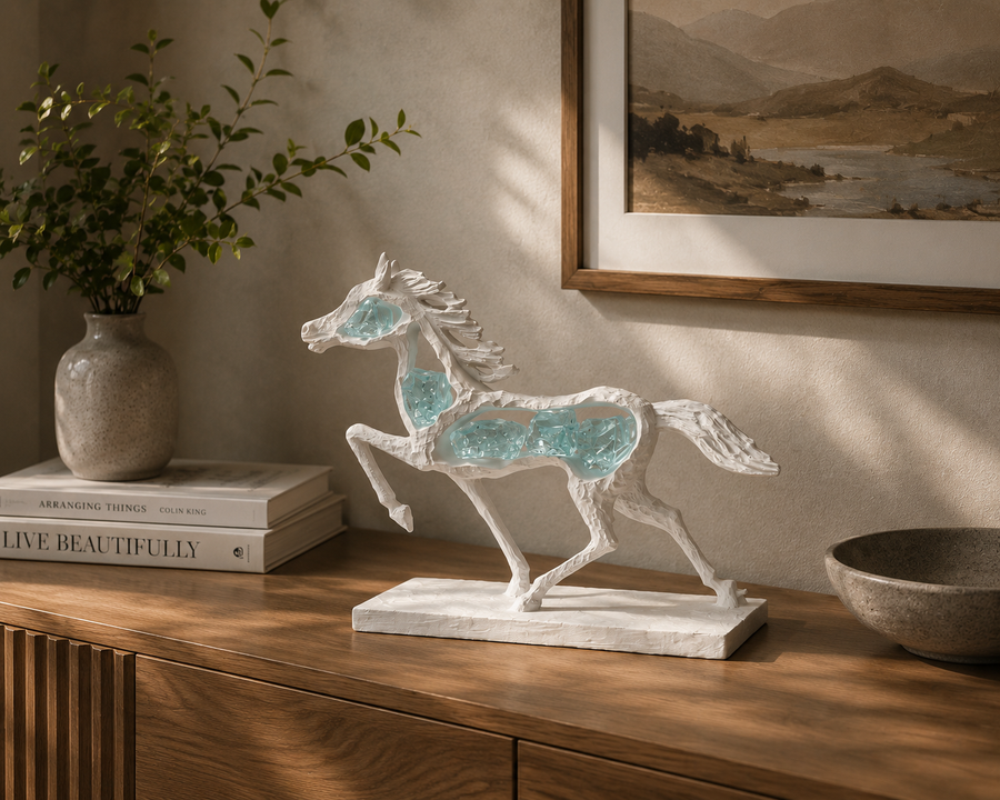 Coral Tree White Jade Horse Showpiece | Premium Resin Horse Sculpture with Jade Stone Accents | Symbol of Strength, Success & Prosperity | Tabletop Home & Office Decor