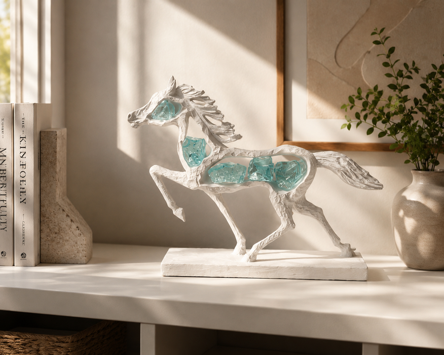 Coral Tree White Jade Horse Showpiece | Premium Resin Horse Sculpture with Jade Stone Accents | Symbol of Strength, Success & Prosperity | Tabletop Home & Office Decor