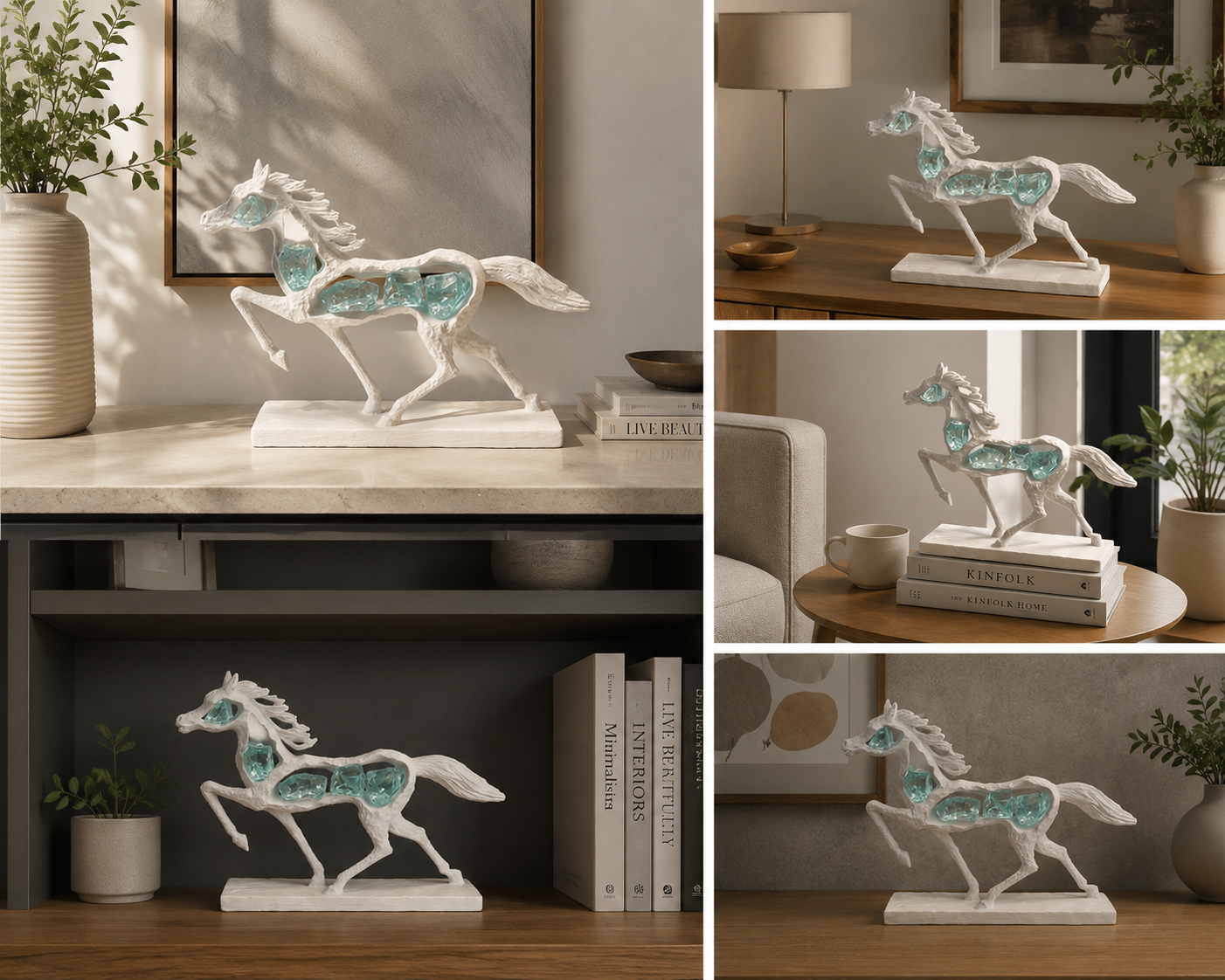 Coral Tree White Jade Horse Showpiece | Premium Resin Horse Sculpture with Jade Stone Accents | Symbol of Strength, Success & Prosperity | Tabletop Home & Office Decor