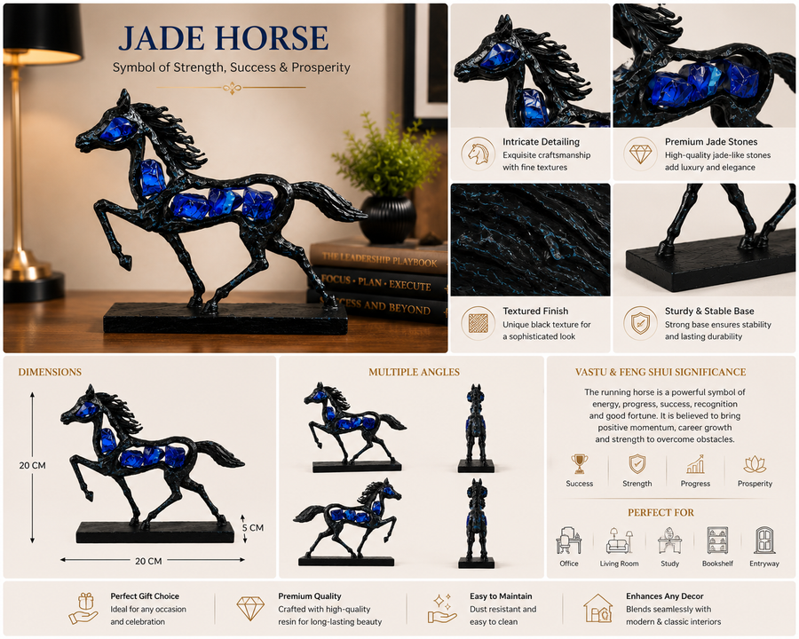 Black Horse Showpiece with Sapphire Blue Crystal Accents | Premium Resin Running Horse Sculpture | Feng Shui & Vastu Decor for Home, Office & Study Table | Symbol of Success & Prosperity