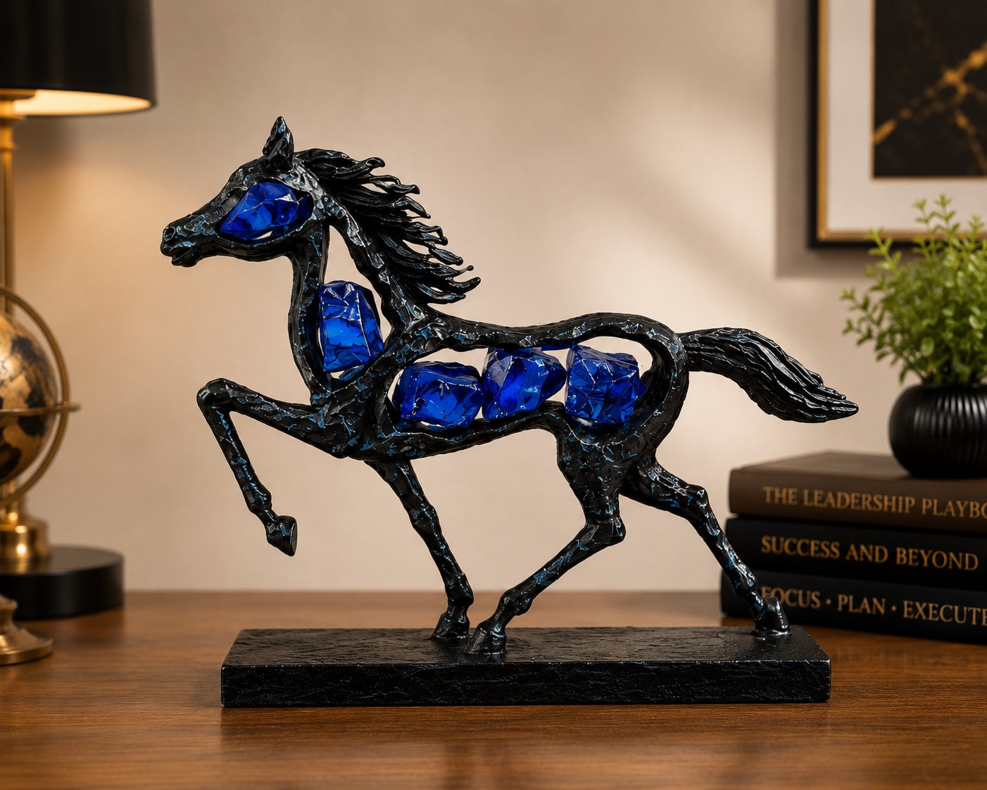 Black Horse Showpiece with Sapphire Blue Crystal Accents | Premium Resin Running Horse Sculpture | Feng Shui & Vastu Decor for Home, Office & Study Table | Symbol of Success & Prosperity