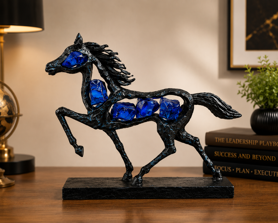 Black Horse Showpiece with Sapphire Blue Crystal Accents | Premium Resin Running Horse Sculpture | Feng Shui & Vastu Decor for Home, Office & Study Table | Symbol of Success & Prosperity
