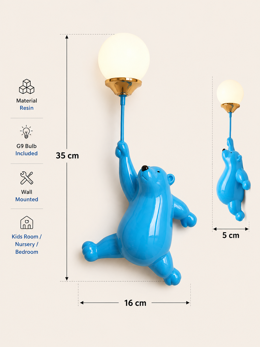 Bear Wall Light with Balloon Globe | Cute Kids Room Decorative Wall Lamp with G9 Bulb