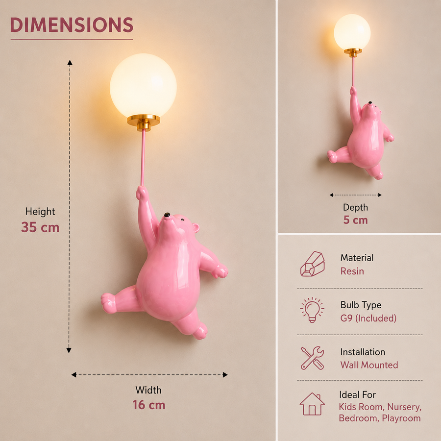Bear Wall Light with Balloon Globe | Cute Kids Room Decorative Wall Lamp with G9 Bulb