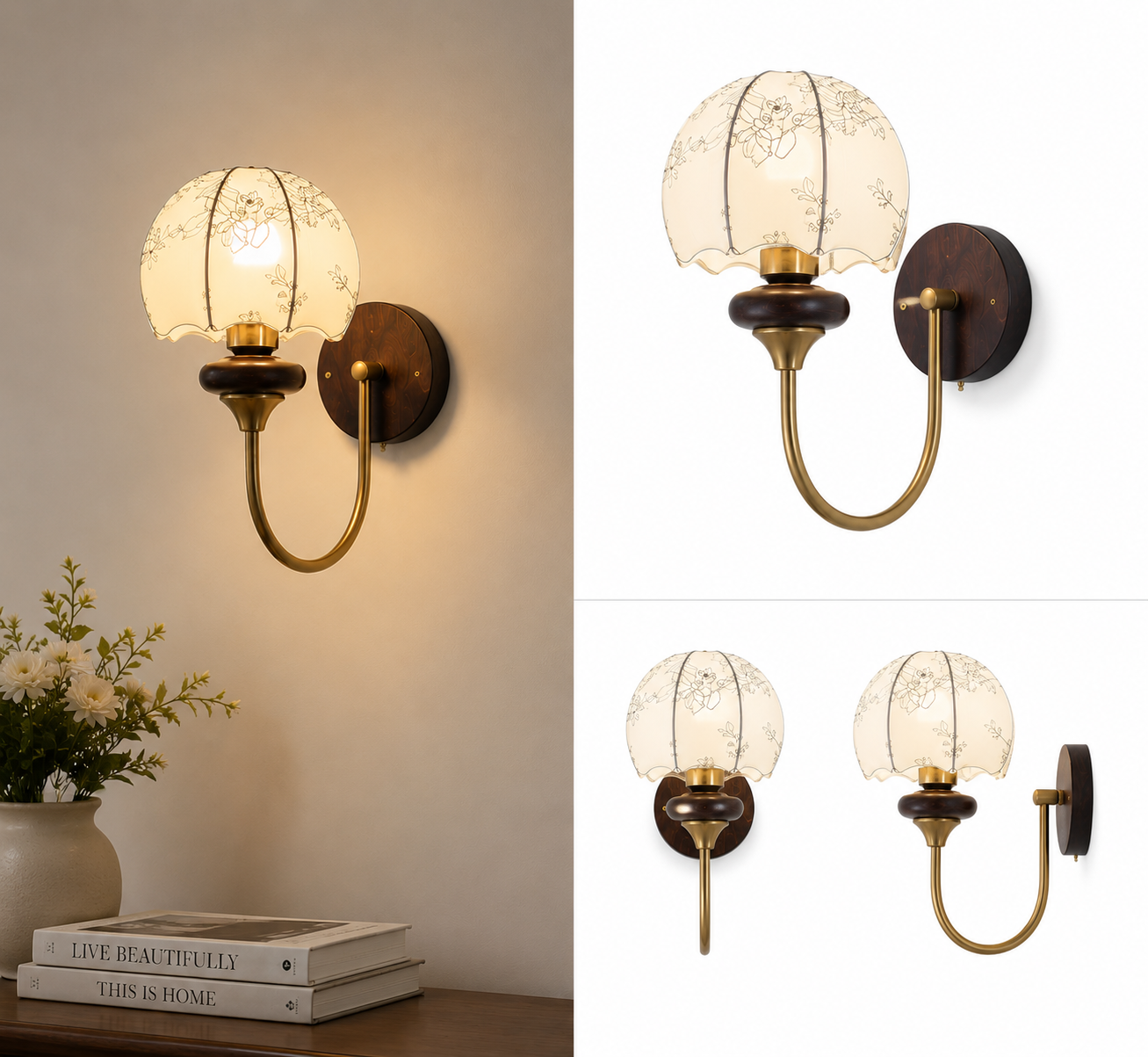 Vintage Floral Wall Light for Bedroom & Living Room | Stretchable Fabric Lamp Shade | Wooden & Metal Finish | E-27 Holder Decorative Wall Sconce | Warm Classic Design