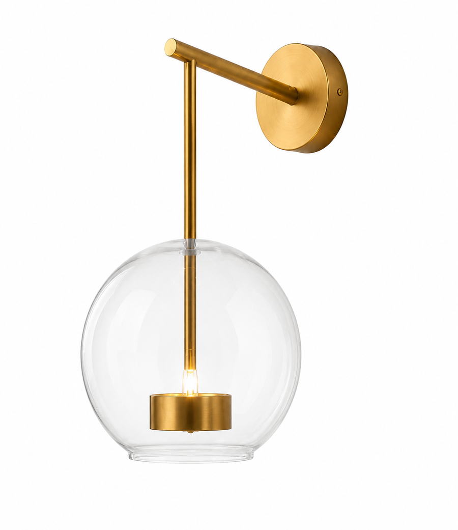 Modern Clear Glass Wall Light with In-Built 3 Colour LED | Brushed Gold Metal Finish | Decorative Bedroom, Living Room & Bedside Wall Lamp | 35 x 25 x 30 cm