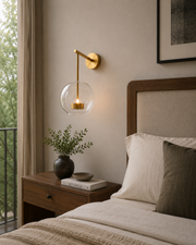 Modern Clear Glass Wall Light with In-Built 3 Colour LED | Brushed Gold Metal Finish | Decorative Bedroom, Living Room & Bedside Wall Lamp | 35 x 25 x 30 cm