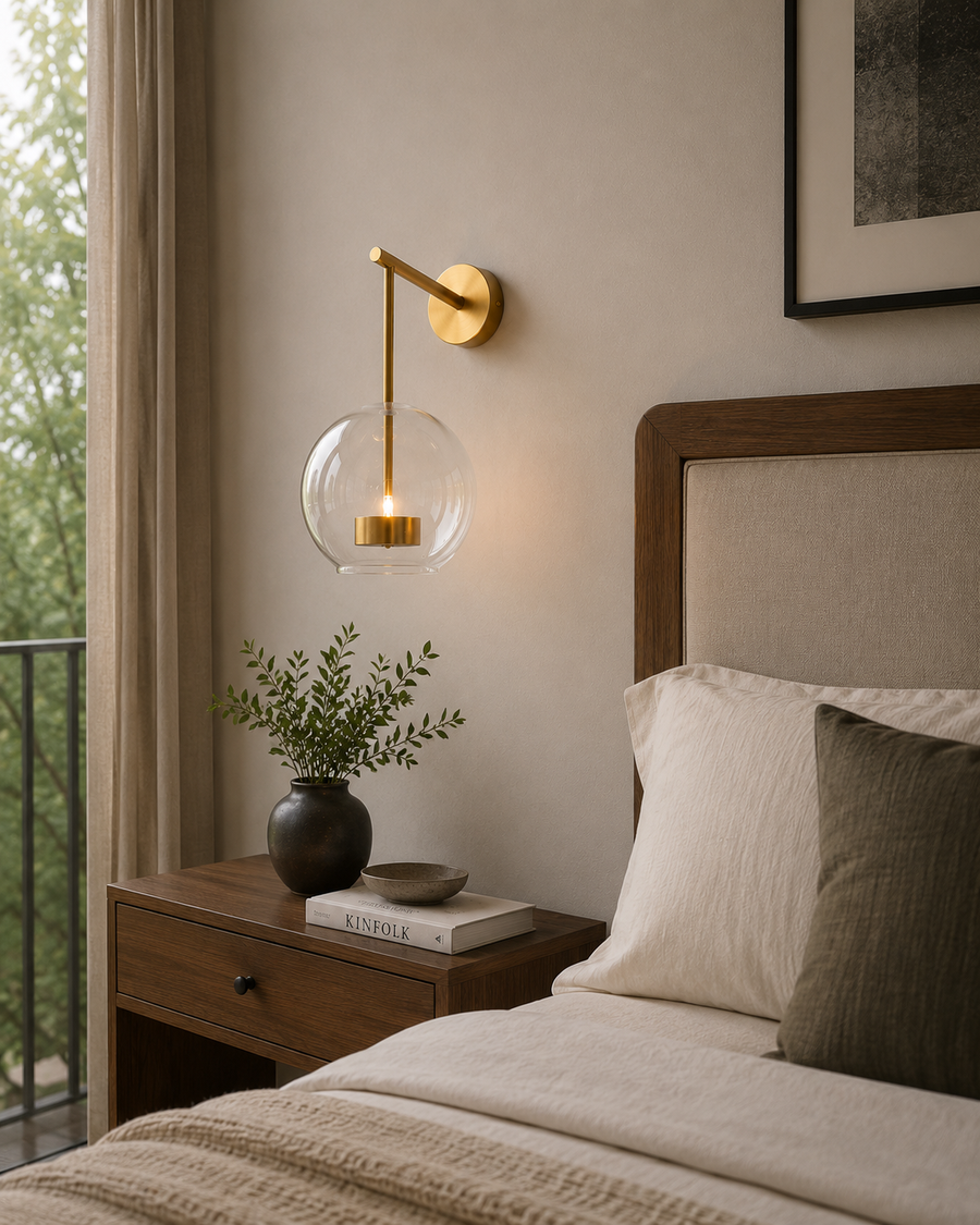 Modern Clear Glass Wall Light with In-Built 3 Colour LED | Brushed Gold Metal Finish | Decorative Bedroom, Living Room & Bedside Wall Lamp | 35 x 25 x 30 cm