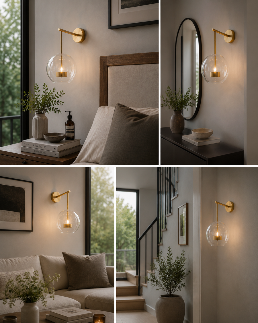 Modern Clear Glass Wall Light with In-Built 3 Colour LED | Brushed Gold Metal Finish | Decorative Bedroom, Living Room & Bedside Wall Lamp | 35 x 25 x 30 cm