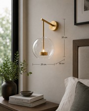 Modern Clear Glass Wall Light with In-Built 3 Colour LED | Brushed Gold Metal Finish | Decorative Bedroom, Living Room & Bedside Wall Lamp | 35 x 25 x 30 cm