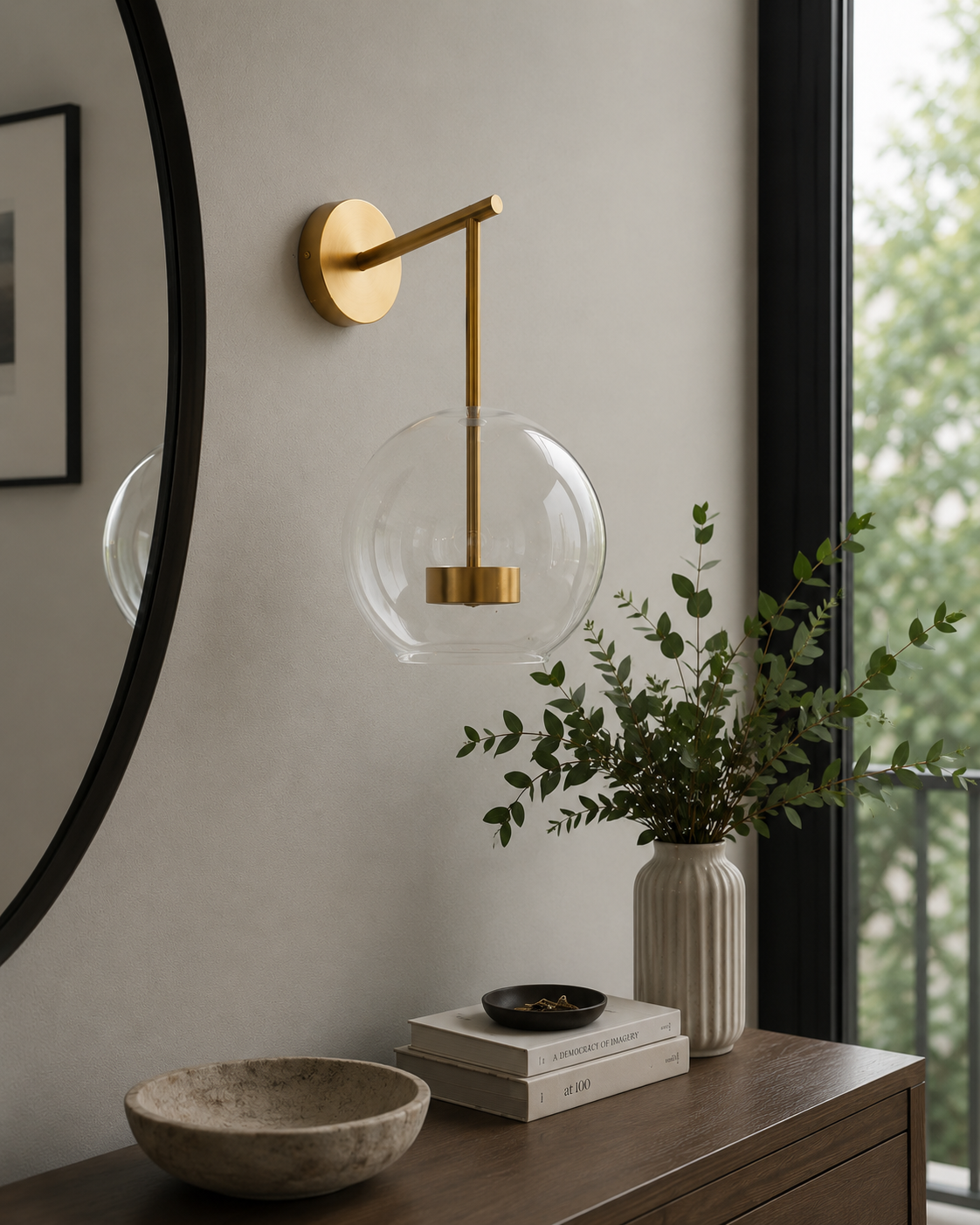 Modern Clear Glass Wall Light with In-Built 3 Colour LED | Brushed Gold Metal Finish | Decorative Bedroom, Living Room & Bedside Wall Lamp | 35 x 25 x 30 cm