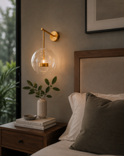 Modern Clear Glass Wall Light with In-Built 3 Colour LED | Brushed Gold Metal Finish | Decorative Bedroom, Living Room & Bedside Wall Lamp | 35 x 25 x 30 cm