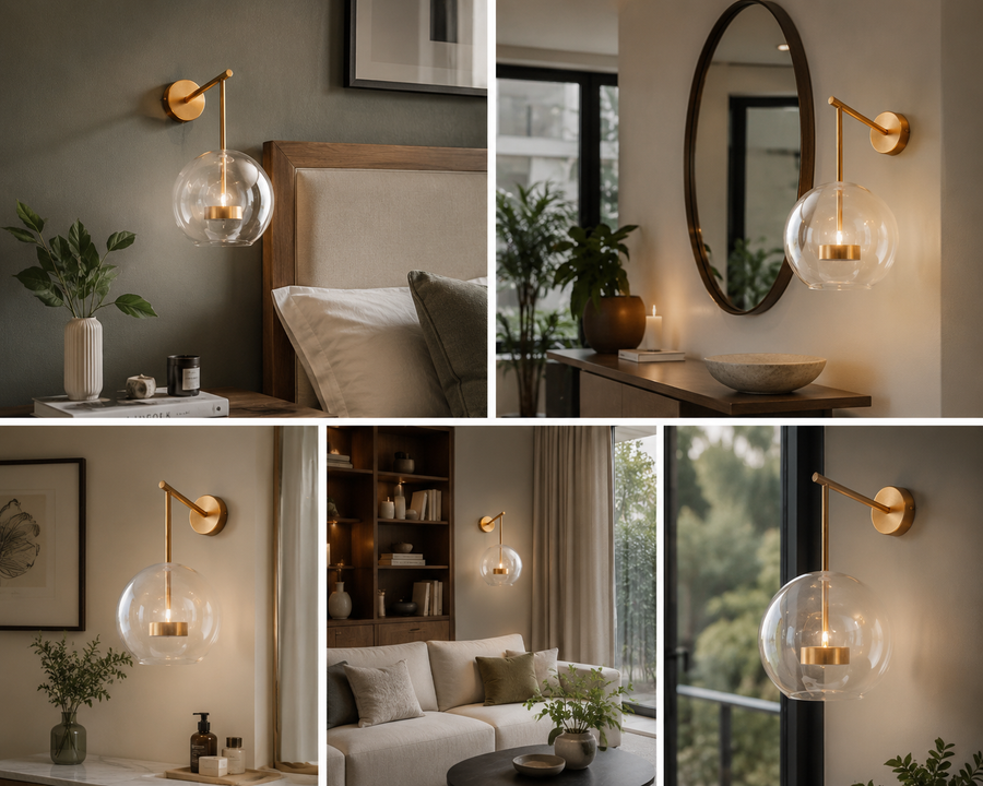 Modern Clear Glass Wall Light with In-Built 3 Colour LED | Brushed Gold Metal Finish | Decorative Bedroom, Living Room & Bedside Wall Lamp | 35 x 25 x 30 cm