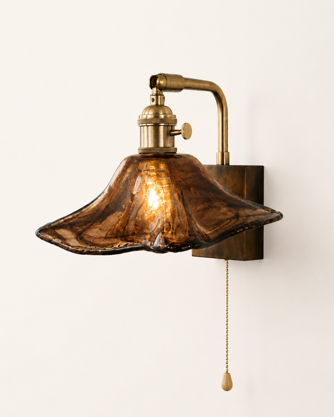 Vintage Amber Glass Wall Light with Antique Brass Finish | E27 Bulb Holder | Pull Chain Switch | Handcrafted Wavy Glass Shade for Bedroom, Living Room & Café Décor