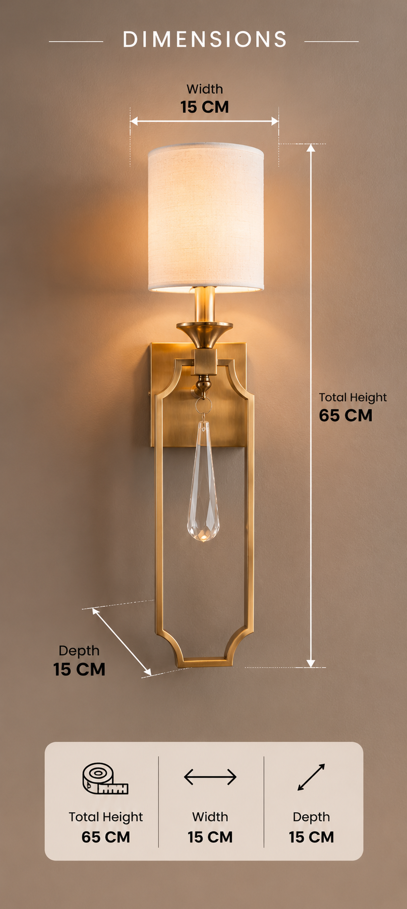 Coral Tree Modern Brass Wall Light with White Linen Lamp Shade & Crystal Drop | Decorative Metal Wall Sconce with E-27 Holder | Luxury Bedside & Living Room Wall Lamp | 65 CM Height
