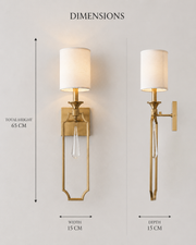 Coral Tree Modern Brass Wall Light with White Linen Lamp Shade & Crystal Drop | Decorative Metal Wall Sconce with E-27 Holder | Luxury Bedside & Living Room Wall Lamp | 65 CM Height