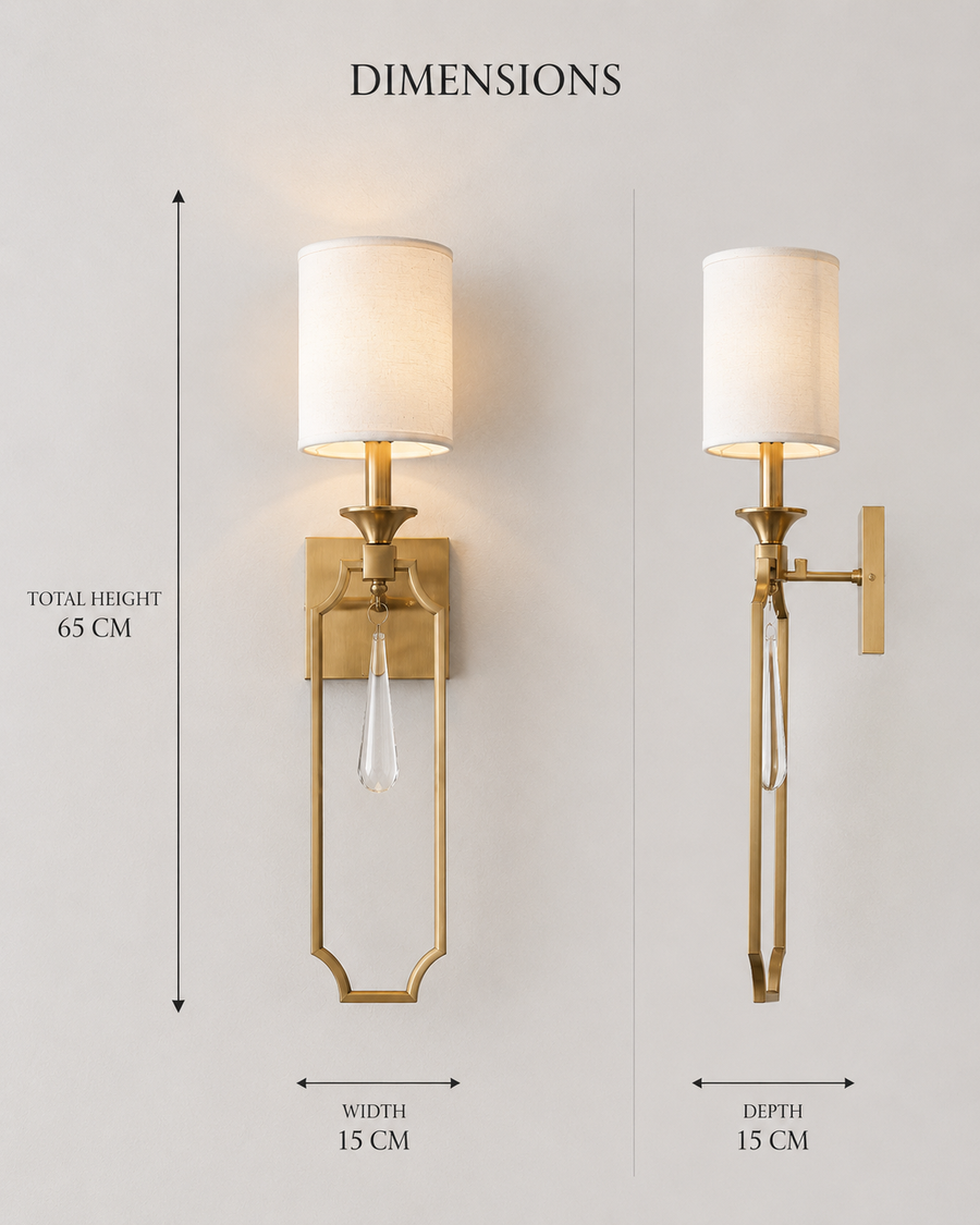 Coral Tree Modern Brass Wall Light with White Linen Lamp Shade & Crystal Drop | Decorative Metal Wall Sconce with E-27 Holder | Luxury Bedside & Living Room Wall Lamp | 65 CM Height