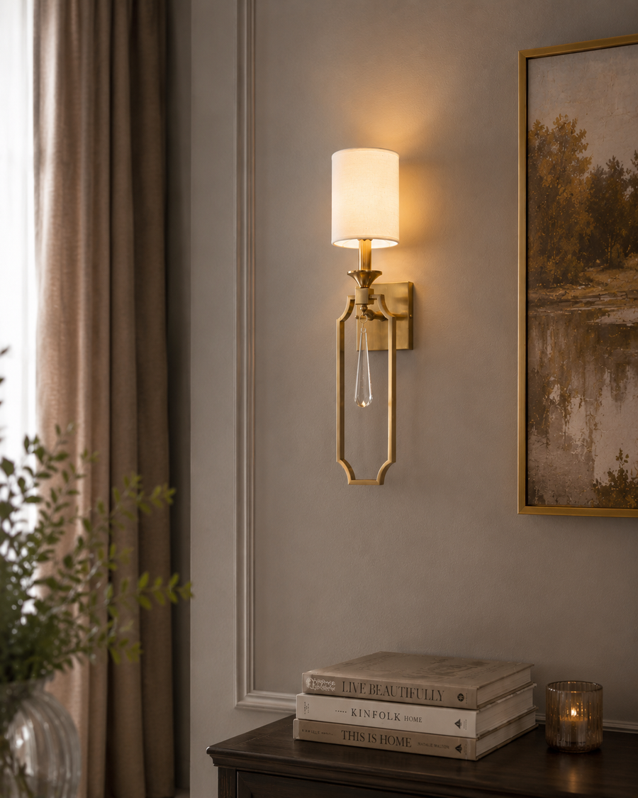 Coral Tree Modern Brass Wall Light with White Linen Lamp Shade & Crystal Drop | Decorative Metal Wall Sconce with E-27 Holder | Luxury Bedside & Living Room Wall Lamp | 65 CM Height