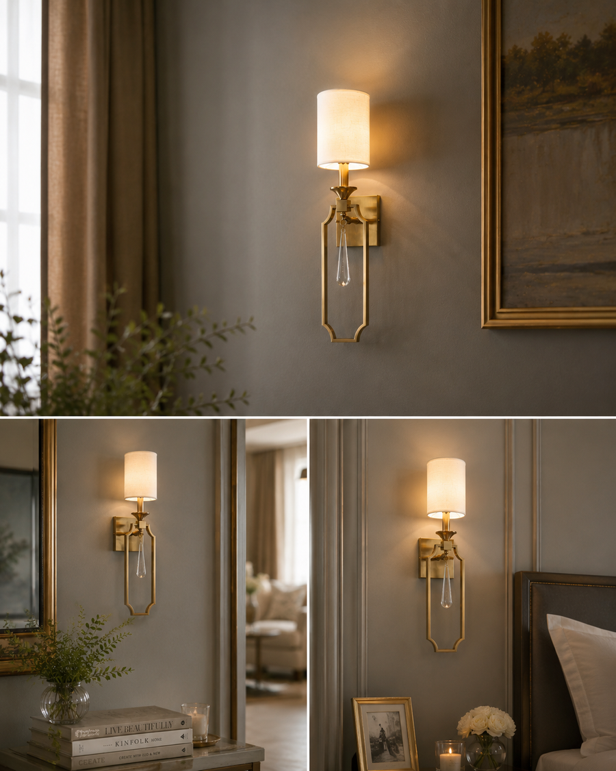 Coral Tree Modern Brass Wall Light with White Linen Lamp Shade & Crystal Drop | Decorative Metal Wall Sconce with E-27 Holder | Luxury Bedside & Living Room Wall Lamp | 65 CM Height